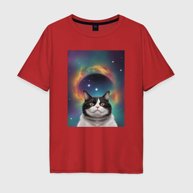 Мужская футболка хлопок Oversize с принтом Мечтательный космический котик , 100% хлопок | свободный крой, круглый ворот, “спинка” длиннее передней части | Тематика изображения на принте: 