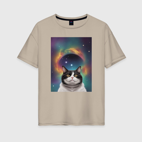 Женская футболка хлопок Oversize с принтом Мечтательный космический котик в Белгороде, 100% хлопок | свободный крой, круглый ворот, спущенный рукав, длина до линии бедер
 | 