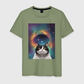 Мужская футболка хлопок с принтом Мечтательный космический котик в Курске, 100% хлопок | прямой крой, круглый вырез горловины, длина до линии бедер, слегка спущенное плечо. | 