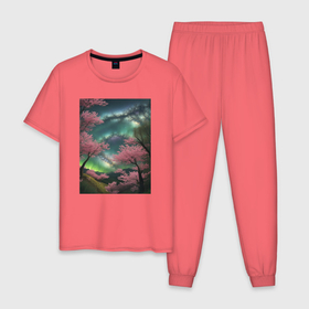 Мужская пижама хлопок с принтом Космическая природа в Курске, 100% хлопок | брюки и футболка прямого кроя, без карманов, на брюках мягкая резинка на поясе и по низу штанин
 | 