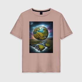 Женская футболка хлопок Oversize с принтом Планета природы в Санкт-Петербурге, 100% хлопок | свободный крой, круглый ворот, спущенный рукав, длина до линии бедер
 | 
