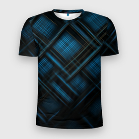 Мужская футболка 3D Slim с принтом Тёмно синяя шотландская клетка в Санкт-Петербурге, 100% полиэстер с улучшенными характеристиками | приталенный силуэт, круглая горловина, широкие плечи, сужается к линии бедра | 