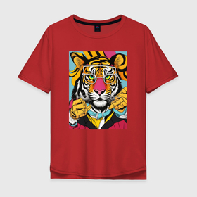Мужская футболка хлопок Oversize с принтом Тигр мультиколор стиль , 100% хлопок | свободный крой, круглый ворот, “спинка” длиннее передней части | Тематика изображения на принте: 