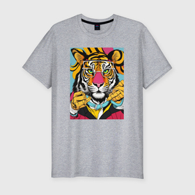 Мужская футболка хлопок Slim с принтом Тигр мультиколор стиль в Петрозаводске, 92% хлопок, 8% лайкра | приталенный силуэт, круглый вырез ворота, длина до линии бедра, короткий рукав | 