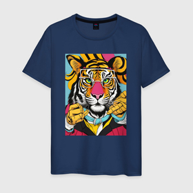 Мужская футболка хлопок с принтом Тигр мультиколор стиль , 100% хлопок | прямой крой, круглый вырез горловины, длина до линии бедер, слегка спущенное плечо. | 