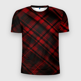 Мужская футболка 3D Slim с принтом Тёмно красная шотландская клетка в Екатеринбурге, 100% полиэстер с улучшенными характеристиками | приталенный силуэт, круглая горловина, широкие плечи, сужается к линии бедра | 