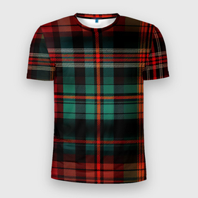 Мужская футболка 3D Slim с принтом Красно зелёная шотландская клетка в Екатеринбурге, 100% полиэстер с улучшенными характеристиками | приталенный силуэт, круглая горловина, широкие плечи, сужается к линии бедра | 
