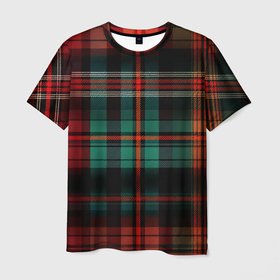 Мужская футболка 3D с принтом Красно зелёная шотландская клетка в Екатеринбурге, 100% полиэфир | прямой крой, круглый вырез горловины, длина до линии бедер | 