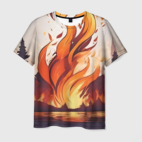 Мужская футболка 3D с принтом Лесной пожар в Белгороде, 100% полиэфир | прямой крой, круглый вырез горловины, длина до линии бедер | 