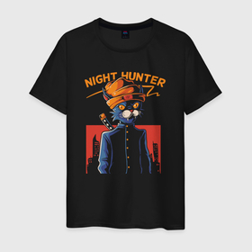 Мужская футболка хлопок с принтом Кот ночной охотник в Санкт-Петербурге, 100% хлопок | прямой крой, круглый вырез горловины, длина до линии бедер, слегка спущенное плечо. | 