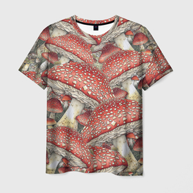 Мужская футболка 3D с принтом Мухоморы на светлом фоне в Кировске, 100% полиэфир | прямой крой, круглый вырез горловины, длина до линии бедер | 