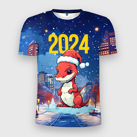 Мужская футболка 3D Slim с принтом 2024 красный новогодний дракон в Кировске, 100% полиэстер с улучшенными характеристиками | приталенный силуэт, круглая горловина, широкие плечи, сужается к линии бедра | 