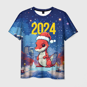 Мужская футболка 3D с принтом 2024 красный новогодний дракон , 100% полиэфир | прямой крой, круглый вырез горловины, длина до линии бедер | 