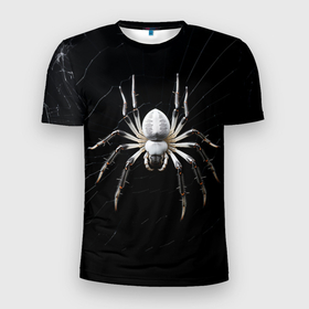 Мужская футболка 3D Slim с принтом Белый паук на черном фоне в Тюмени, 100% полиэстер с улучшенными характеристиками | приталенный силуэт, круглая горловина, широкие плечи, сужается к линии бедра | 
