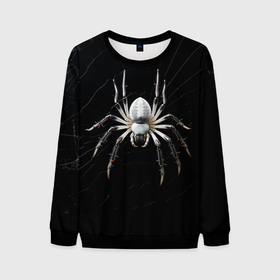 Мужской свитшот 3D с принтом Белый паук на черном фоне в Тюмени, 100% полиэстер с мягким внутренним слоем | круглый вырез горловины, мягкая резинка на манжетах и поясе, свободная посадка по фигуре | 