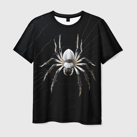 Мужская футболка 3D с принтом Белый паук на черном фоне в Тюмени, 100% полиэфир | прямой крой, круглый вырез горловины, длина до линии бедер | 