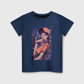 Детская футболка хлопок с принтом Девушка в стиле аниме на фоне города неон в Екатеринбурге, 100% хлопок | круглый вырез горловины, полуприлегающий силуэт, длина до линии бедер | 