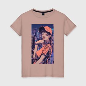 Женская футболка хлопок с принтом Девушка в стиле аниме на фоне города неон в Екатеринбурге, 100% хлопок | прямой крой, круглый вырез горловины, длина до линии бедер, слегка спущенное плечо | 