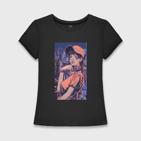 Женская футболка хлопок Slim с принтом Девушка в стиле аниме на фоне города неон в Санкт-Петербурге,  |  | Тематика изображения на принте: 