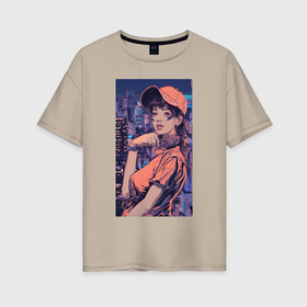Женская футболка хлопок Oversize с принтом Девушка в стиле аниме на фоне города неон в Санкт-Петербурге, 100% хлопок | свободный крой, круглый ворот, спущенный рукав, длина до линии бедер
 | Тематика изображения на принте: 