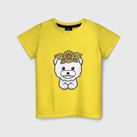 Детская футболка хлопок с принтом Бишон фризе щенок с цветами , 100% хлопок | круглый вырез горловины, полуприлегающий силуэт, длина до линии бедер | Тематика изображения на принте: 