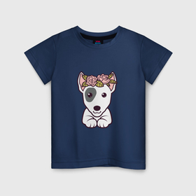Детская футболка хлопок с принтом Бультерьер щенок с цветами в Тюмени, 100% хлопок | круглый вырез горловины, полуприлегающий силуэт, длина до линии бедер | Тематика изображения на принте: 