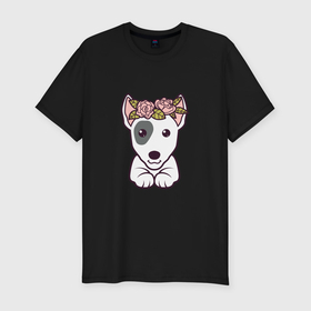 Мужская футболка хлопок Slim с принтом Бультерьер щенок с цветами в Кировске, 92% хлопок, 8% лайкра | приталенный силуэт, круглый вырез ворота, длина до линии бедра, короткий рукав | 