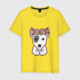 Мужская футболка хлопок с принтом Бультерьер щенок с цветами в Белгороде, 100% хлопок | прямой крой, круглый вырез горловины, длина до линии бедер, слегка спущенное плечо. | 