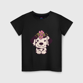 Детская футболка хлопок с принтом Далматин щенок с цветами , 100% хлопок | круглый вырез горловины, полуприлегающий силуэт, длина до линии бедер | Тематика изображения на принте: 
