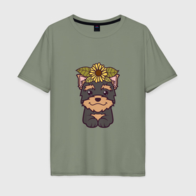 Мужская футболка хлопок Oversize с принтом Йоркширский терьер щенок с цветами в Санкт-Петербурге, 100% хлопок | свободный крой, круглый ворот, “спинка” длиннее передней части | 
