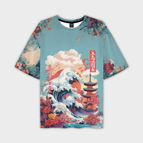 Мужская футболка oversize 3D с принтом Винтажная иллюстрация Японского пейзажа в Санкт-Петербурге,  |  | 