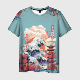 Мужская футболка 3D с принтом Винтажная иллюстрация Японского пейзажа в Курске, 100% полиэфир | прямой крой, круглый вырез горловины, длина до линии бедер | 