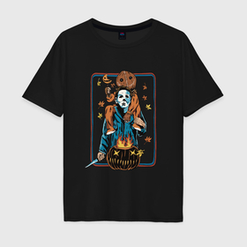 Мужская футболка хлопок Oversize с принтом Хэллоуин   майкл майерс , 100% хлопок | свободный крой, круглый ворот, “спинка” длиннее передней части | Тематика изображения на принте: 