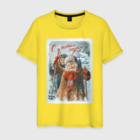 Мужская футболка хлопок с принтом Два мальчика  с лыжными палками в Белгороде, 100% хлопок | прямой крой, круглый вырез горловины, длина до линии бедер, слегка спущенное плечо. | 