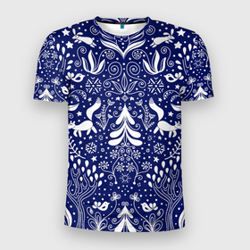 Мужская футболка 3D Slim с принтом Зимний лес в скандинавском стиле   паттерн в Курске, 100% полиэстер с улучшенными характеристиками | приталенный силуэт, круглая горловина, широкие плечи, сужается к линии бедра | 