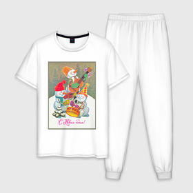 Мужская пижама хлопок с принтом Снеговики музыканты в Тюмени, 100% хлопок | брюки и футболка прямого кроя, без карманов, на брюках мягкая резинка на поясе и по низу штанин
 | Тематика изображения на принте: 