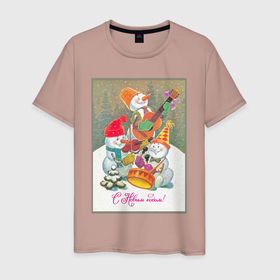 Мужская футболка хлопок с принтом Снеговики музыканты в Тюмени, 100% хлопок | прямой крой, круглый вырез горловины, длина до линии бедер, слегка спущенное плечо. | Тематика изображения на принте: 