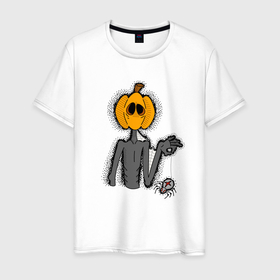 Мужская футболка хлопок с принтом Тыквоголовый с пауком в Тюмени, 100% хлопок | прямой крой, круглый вырез горловины, длина до линии бедер, слегка спущенное плечо. | 
