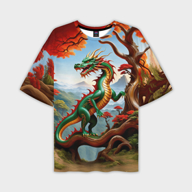 Мужская футболка oversize 3D с принтом Зеленый деревянный дракон в Кировске,  |  | 
