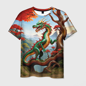 Мужская футболка 3D с принтом Зеленый деревянный дракон в Курске, 100% полиэфир | прямой крой, круглый вырез горловины, длина до линии бедер | Тематика изображения на принте: 