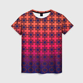 Женская футболка 3D с принтом Паттерн стилизованные цветы оранж фиолетовый в Тюмени, 100% полиэфир ( синтетическое хлопкоподобное полотно) | прямой крой, круглый вырез горловины, длина до линии бедер | 