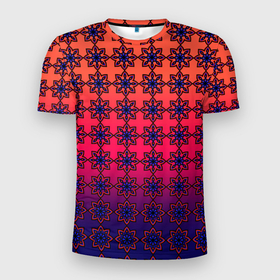 Мужская футболка 3D Slim с принтом Паттерн стилизованные цветы оранж фиолетовый в Екатеринбурге, 100% полиэстер с улучшенными характеристиками | приталенный силуэт, круглая горловина, широкие плечи, сужается к линии бедра | 