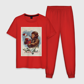Мужская пижама хлопок с принтом Ребёнок с куклой деда мороза в Санкт-Петербурге, 100% хлопок | брюки и футболка прямого кроя, без карманов, на брюках мягкая резинка на поясе и по низу штанин
 | 