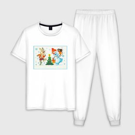 Мужская пижама хлопок с принтом Снеговик и заяц в Тюмени, 100% хлопок | брюки и футболка прямого кроя, без карманов, на брюках мягкая резинка на поясе и по низу штанин
 | 