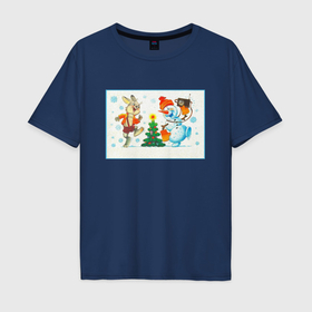Мужская футболка хлопок Oversize с принтом Снеговик и заяц , 100% хлопок | свободный крой, круглый ворот, “спинка” длиннее передней части | Тематика изображения на принте: 