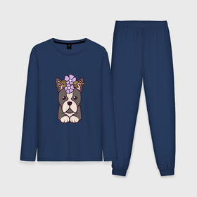 Мужская пижама с лонгсливом хлопок с принтом Французский бульдог щенок с цветами ,  |  | Тематика изображения на принте: 