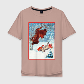 Мужская футболка хлопок Oversize с принтом Медведь на дереве и заяц в Санкт-Петербурге, 100% хлопок | свободный крой, круглый ворот, “спинка” длиннее передней части | Тематика изображения на принте: 