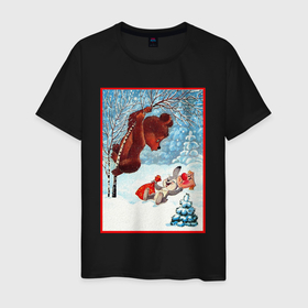 Мужская футболка хлопок с принтом Медведь на дереве и заяц в Санкт-Петербурге, 100% хлопок | прямой крой, круглый вырез горловины, длина до линии бедер, слегка спущенное плечо. | Тематика изображения на принте: 