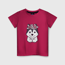 Детская футболка хлопок с принтом Хаски щенок с цветами , 100% хлопок | круглый вырез горловины, полуприлегающий силуэт, длина до линии бедер | Тематика изображения на принте: 