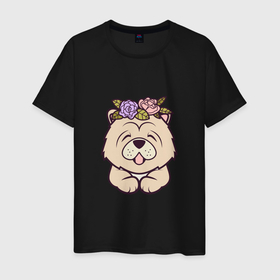 Мужская футболка хлопок с принтом Чау чау щенок с цветами в Екатеринбурге, 100% хлопок | прямой крой, круглый вырез горловины, длина до линии бедер, слегка спущенное плечо. | 